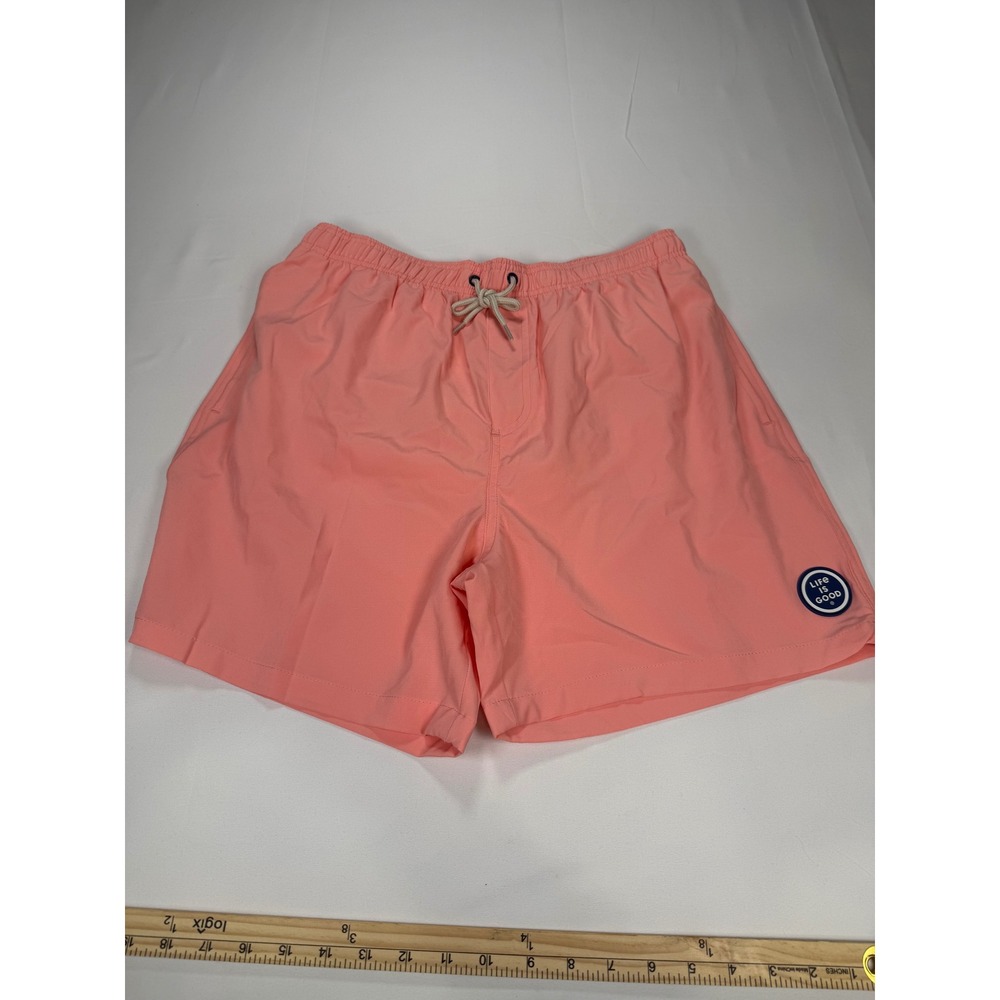 Life is Good Mens Swim Trunks Coral Pink Board Shorts 6 Inch Inseam LIG Logo